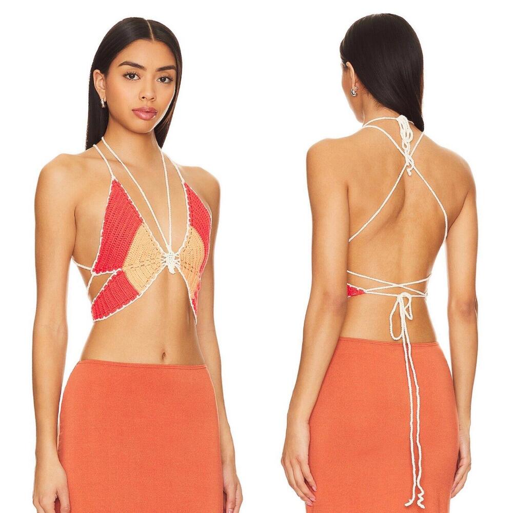 Lovers and Friends Women’s Size Medium Red Orange Butterfly Crochet Top New